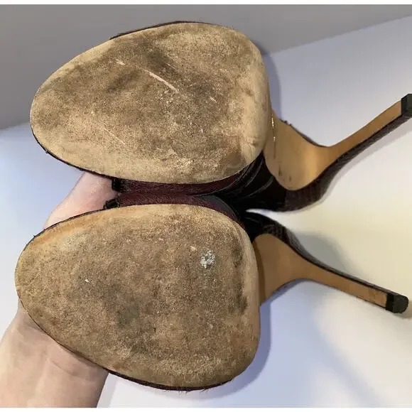 Brian Atwood Shoes Womens Size 8 Burgundy Black Snakeskin High Heel Sandals Zip - Picture 15 of 16